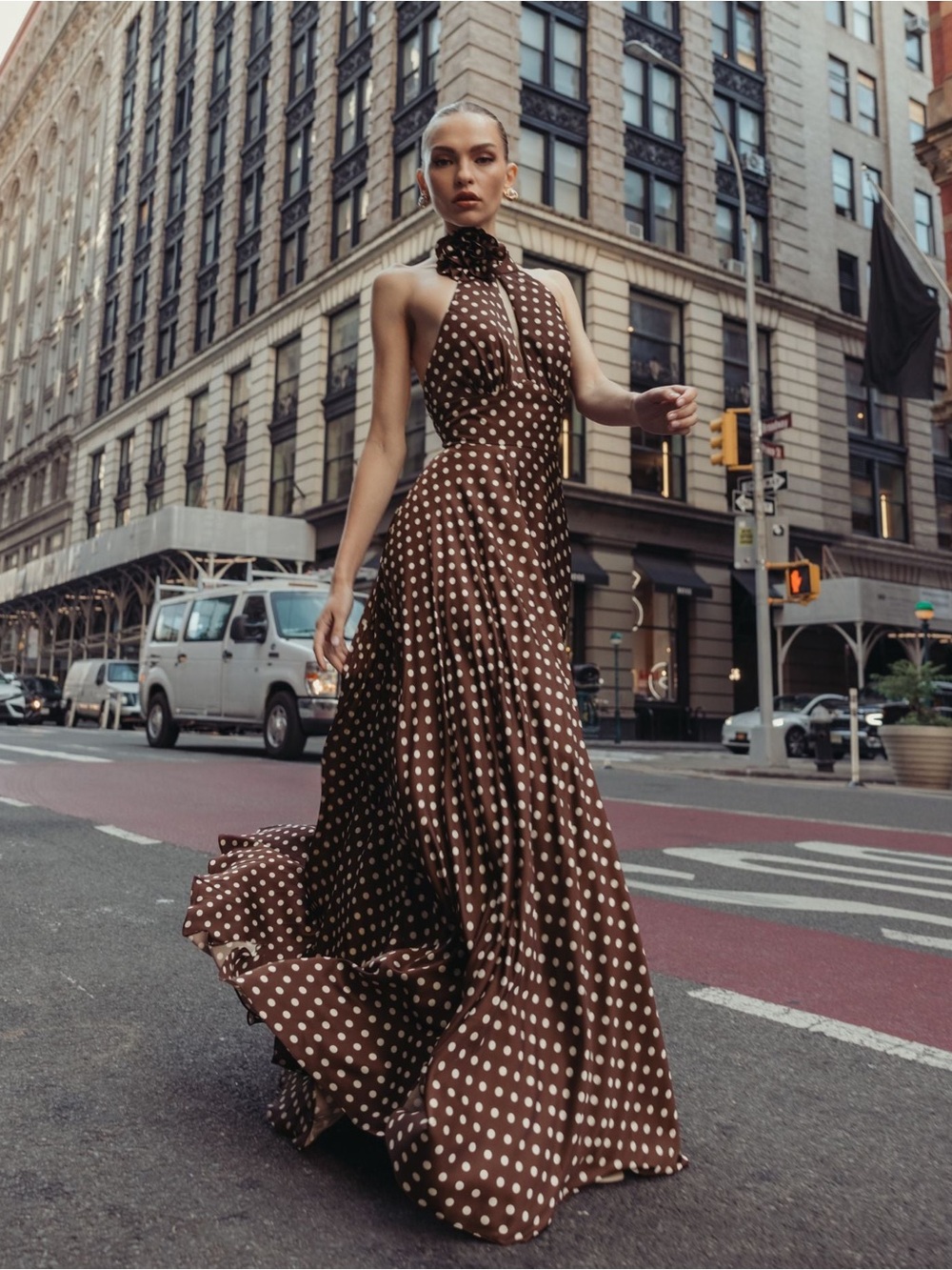 Mac Duggal 50210 Brown Polka Dot A-Line Halter Gown With Rosette Size 10 NWT